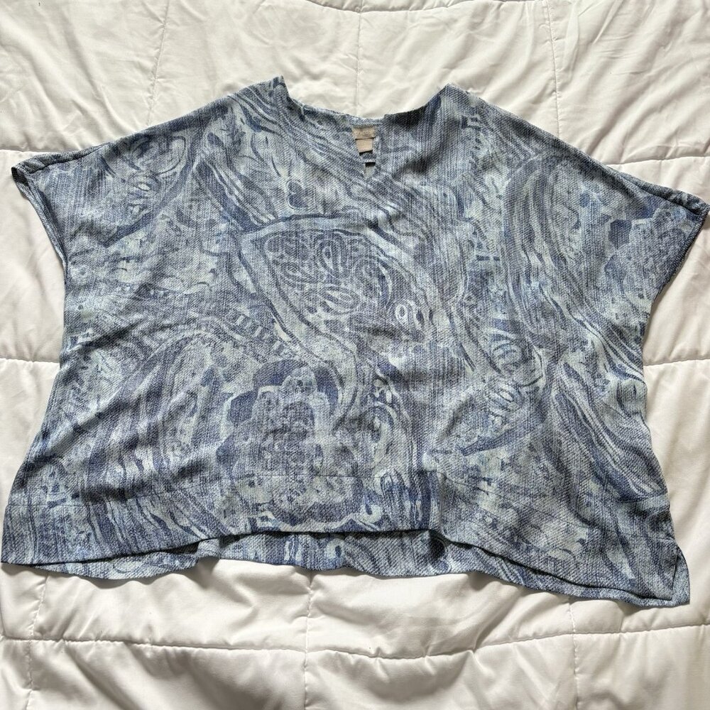 Chico's Paisley Womens Size 3 XL Blouse Short Sleeve Blue Flowy V Neck Office